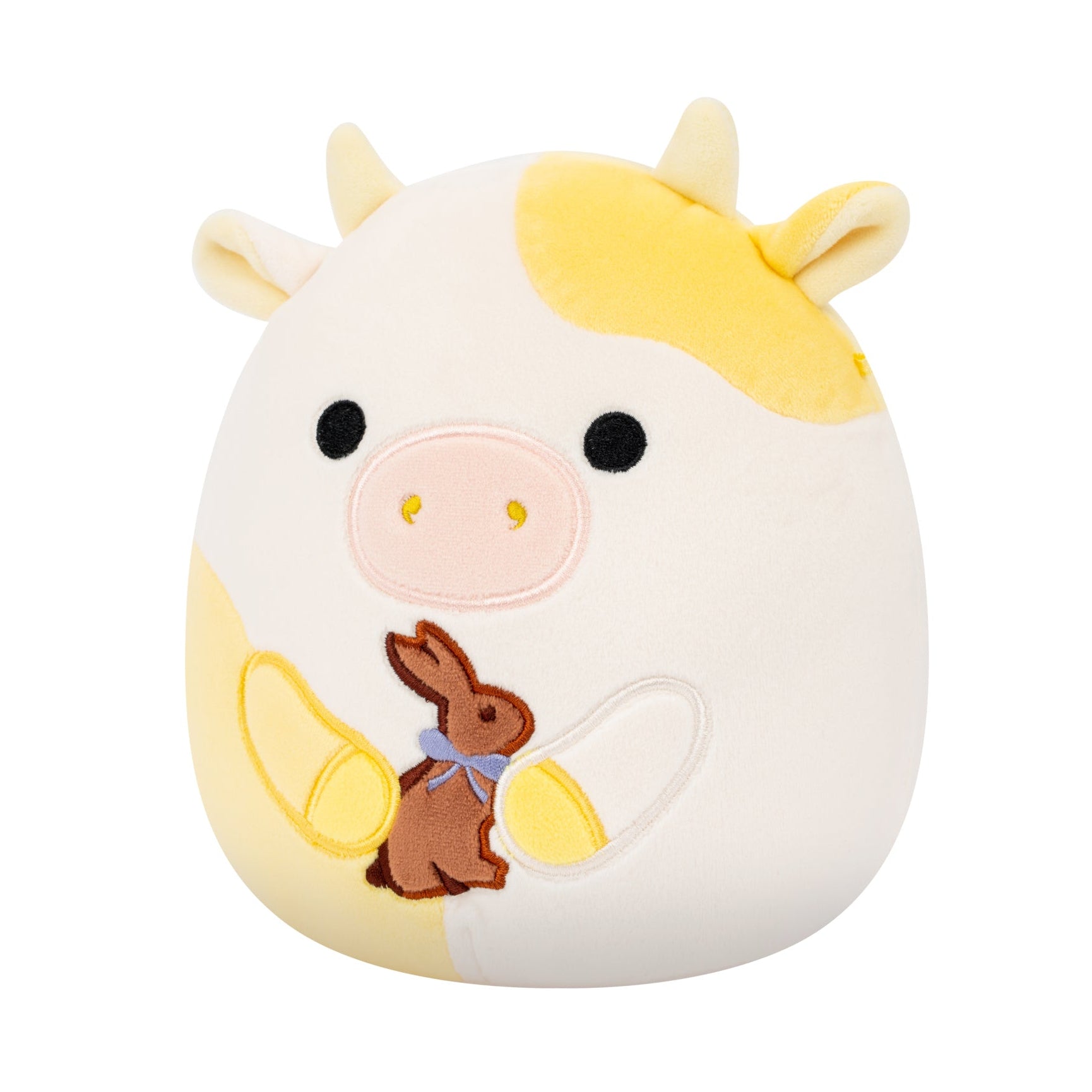 8-Inch Bodie the Yellow Spotted Cow Holding Chocolate Bunny - Image 2