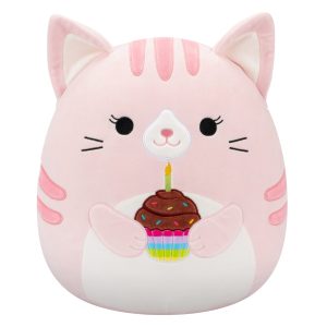 14-Inch Laura the Pink Tabby Cat Holding Birthday Cupcake